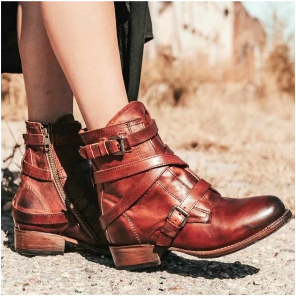 Freebird Women's Brown Leather Festival Ankle Boots with Straps